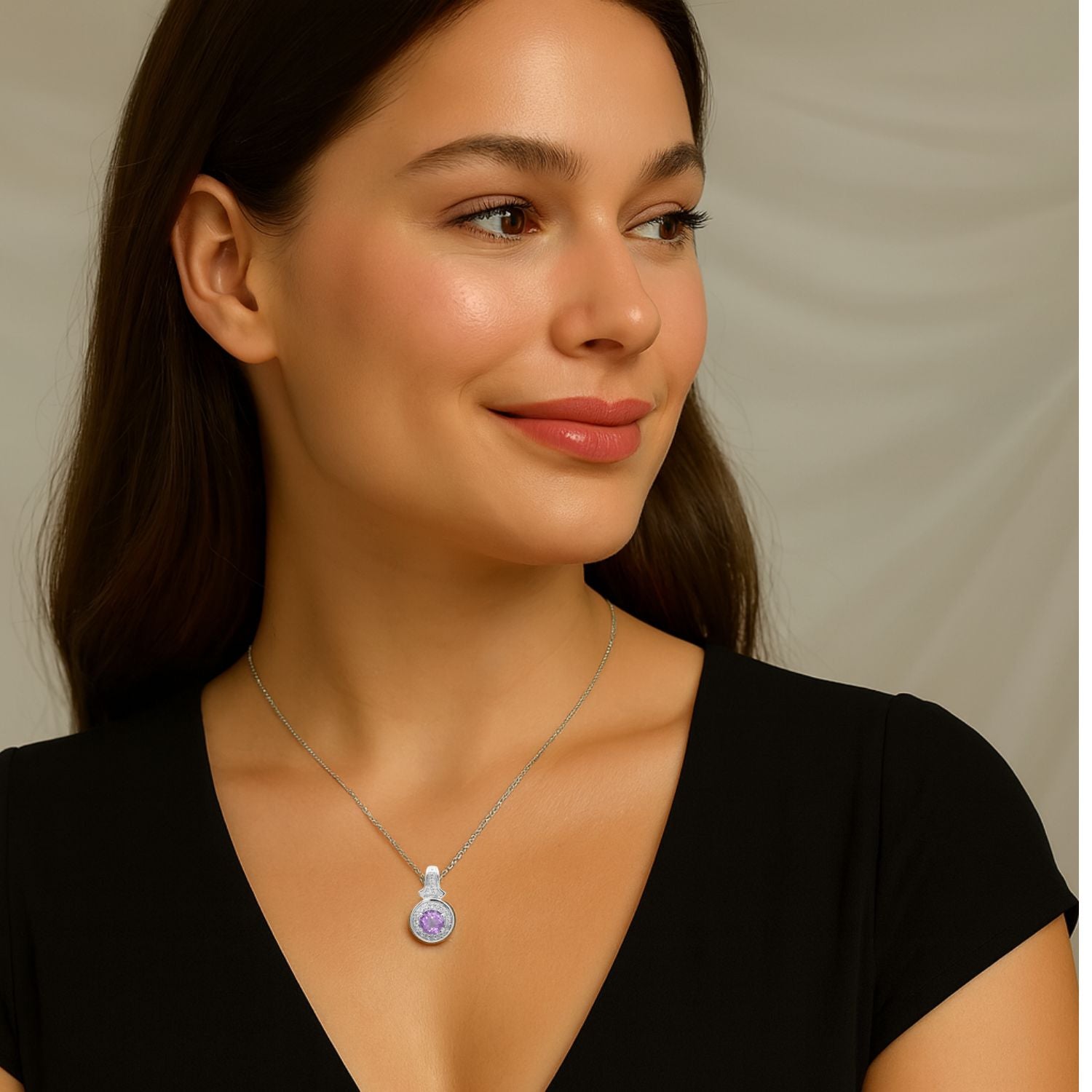 Multi Stone Round Solitaire Halo Pendant - Sterling Silver