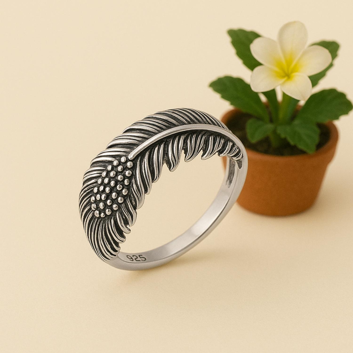 Oxidized Textured Peacock Feather Ring - Sterling Silver