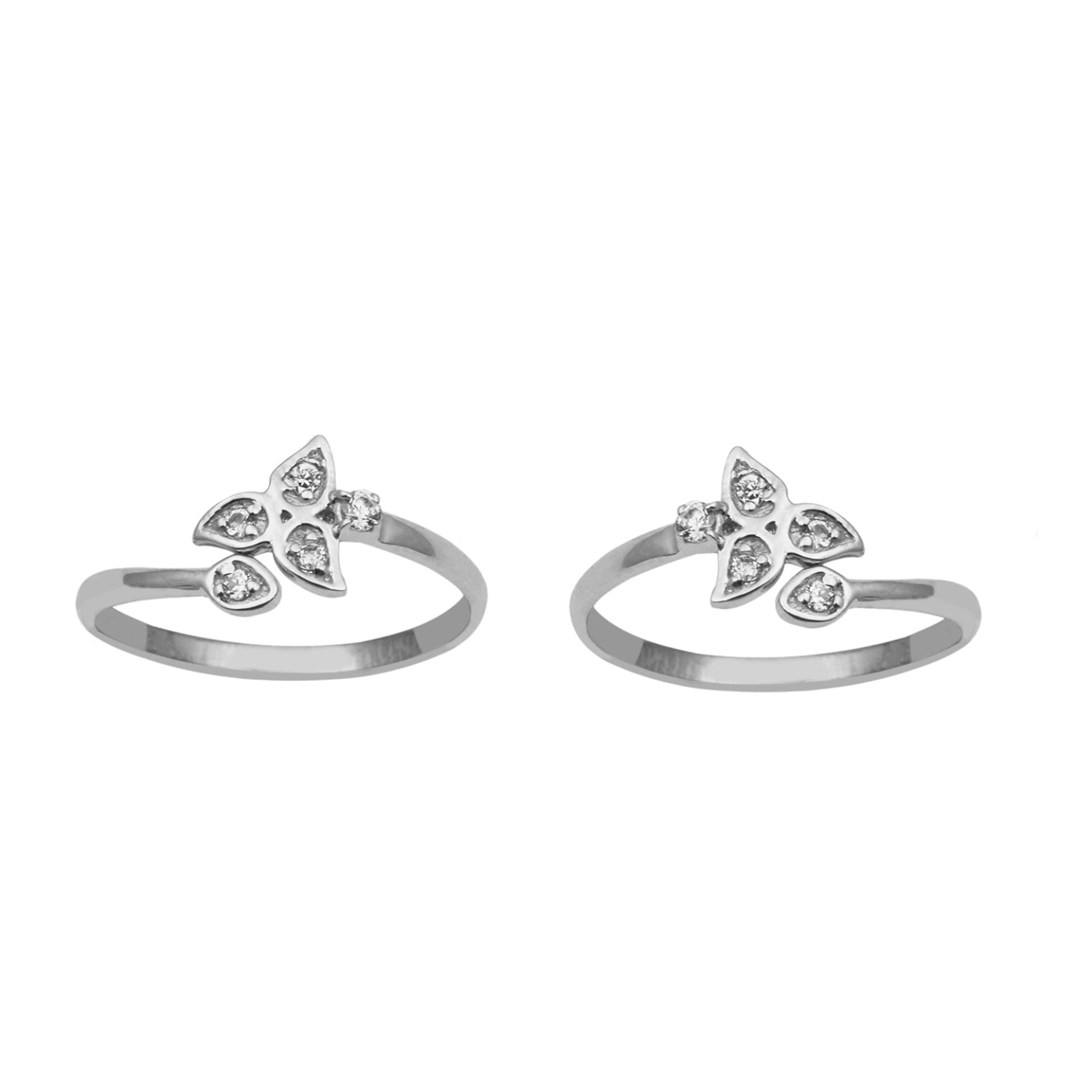 White CZ Trio Leaf Front Open Toe Ring- Sterling Silver
