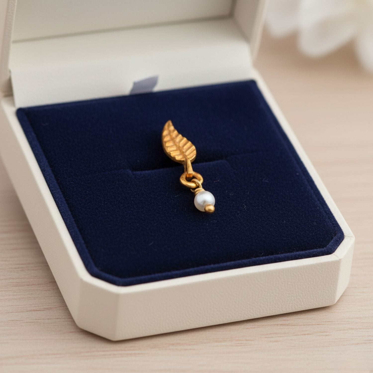 Pearl Drop Minimal Leaf Nose Pin – Sterling Silver Gold Plated