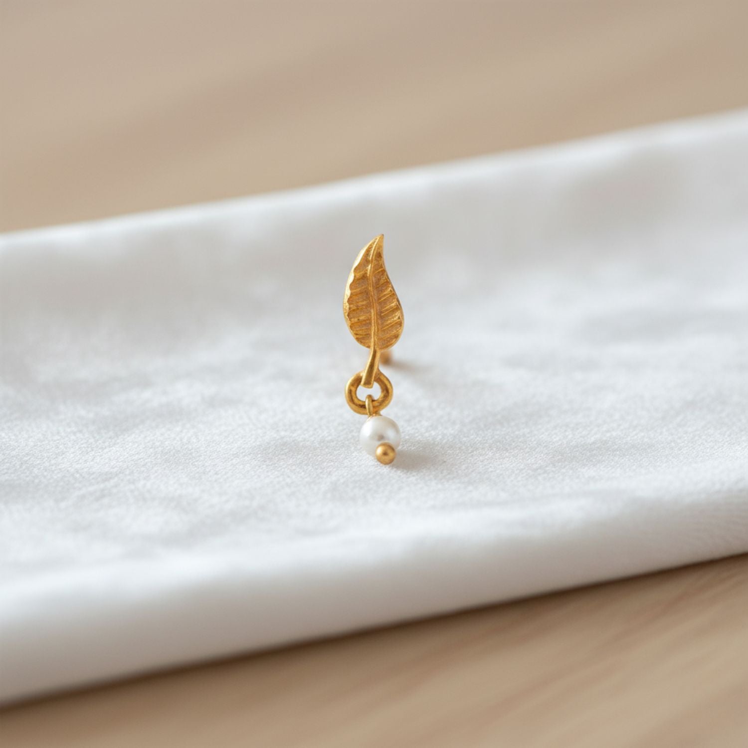Pearl Drop Minimal Leaf Nose Pin – Sterling Silver Gold Plated