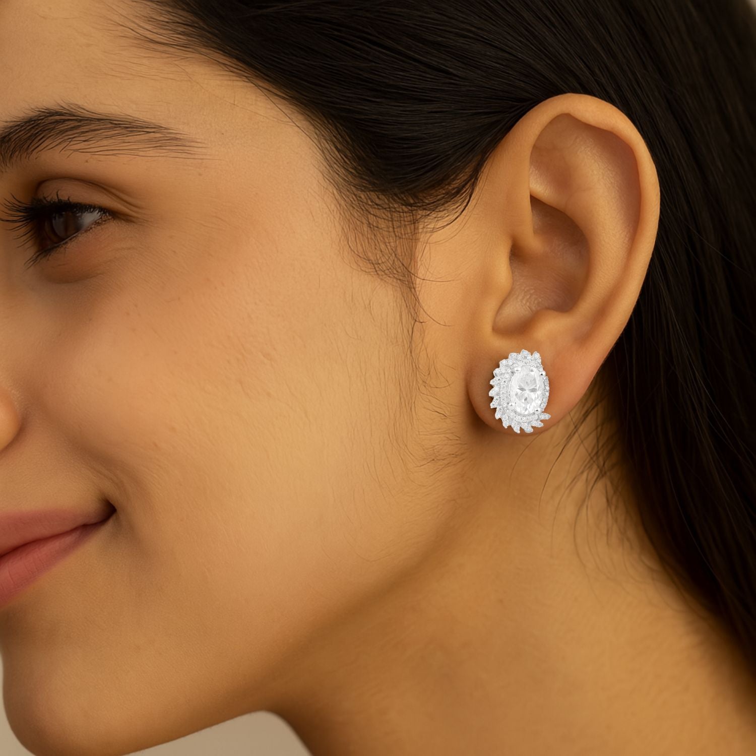 Moissanite Fancy Leaf Halo Design Stud - Sterling Silver