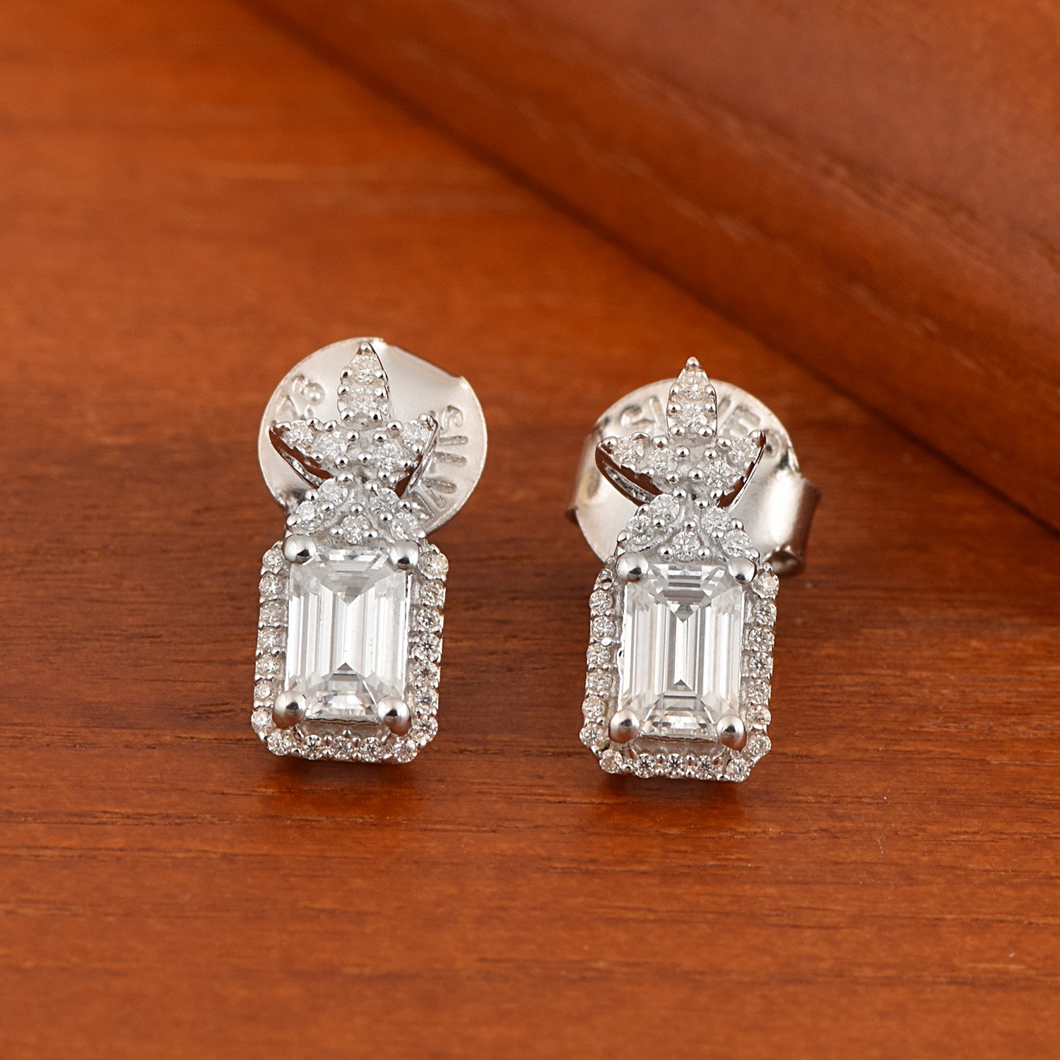Moissanite Star Halo Stud Earrings – Sterling Silver