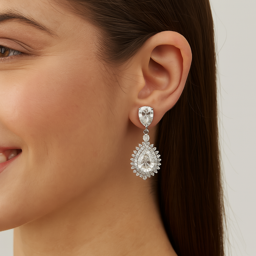 Moissanite Drop Sunburst Design Earrings – 925 Sterling Silver