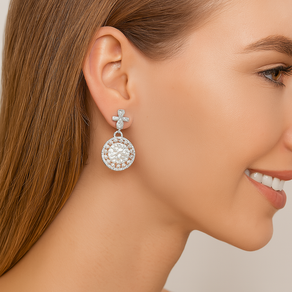 Orecchini pendenti con motivo floreale Halo in moissanite - Argento Sterling