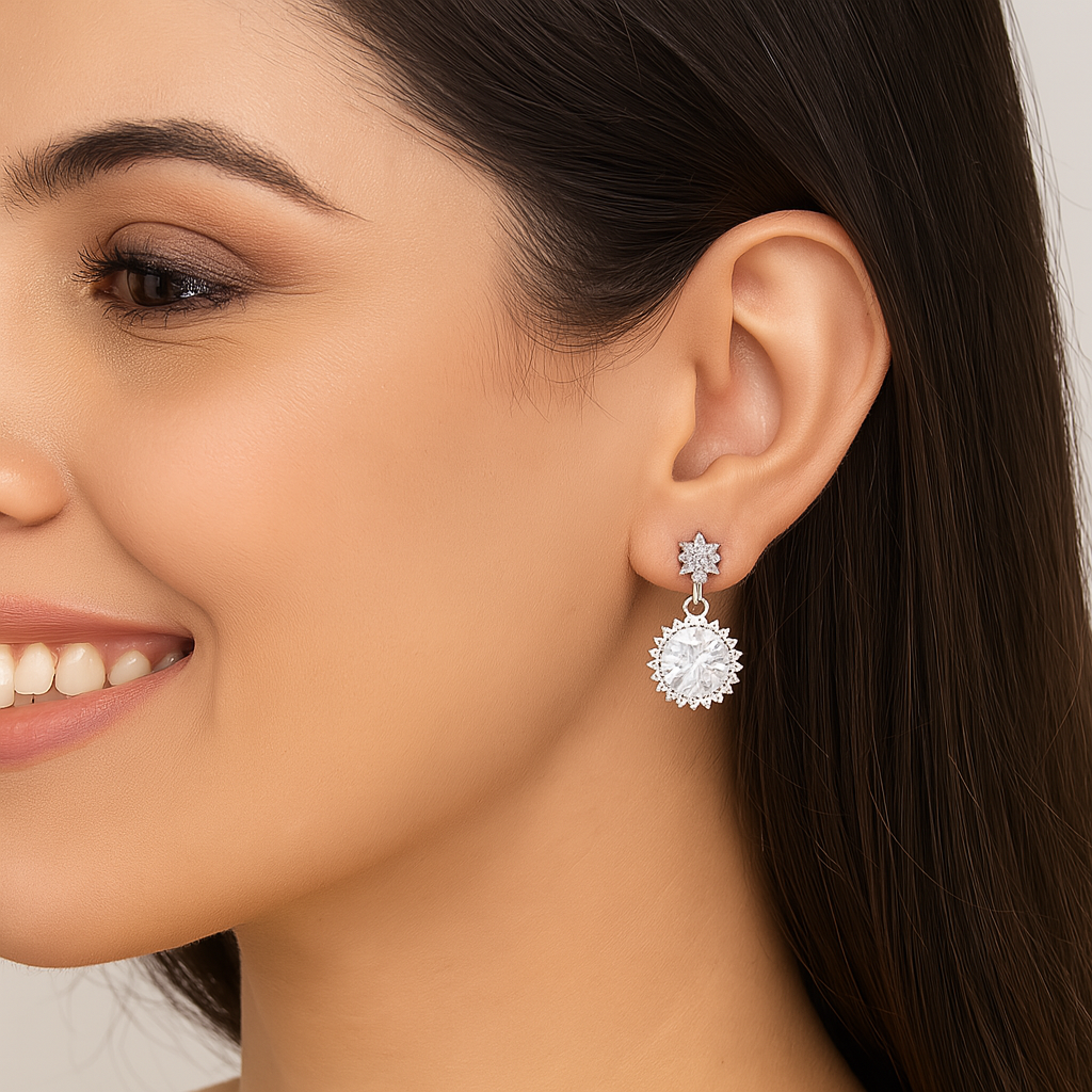Moissanite Starburst Halo Design Drop Earrings – Sterling Silver