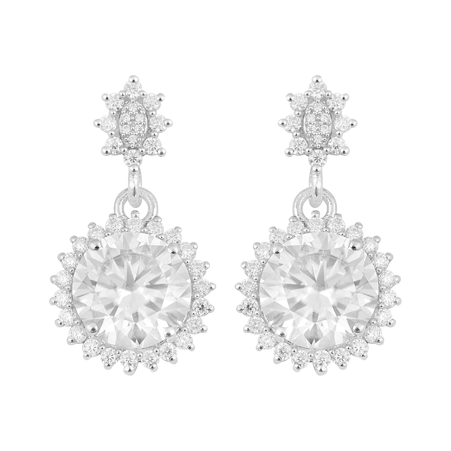 Moissanite Starburst Halo Design Drop Earrings – Sterling Silver