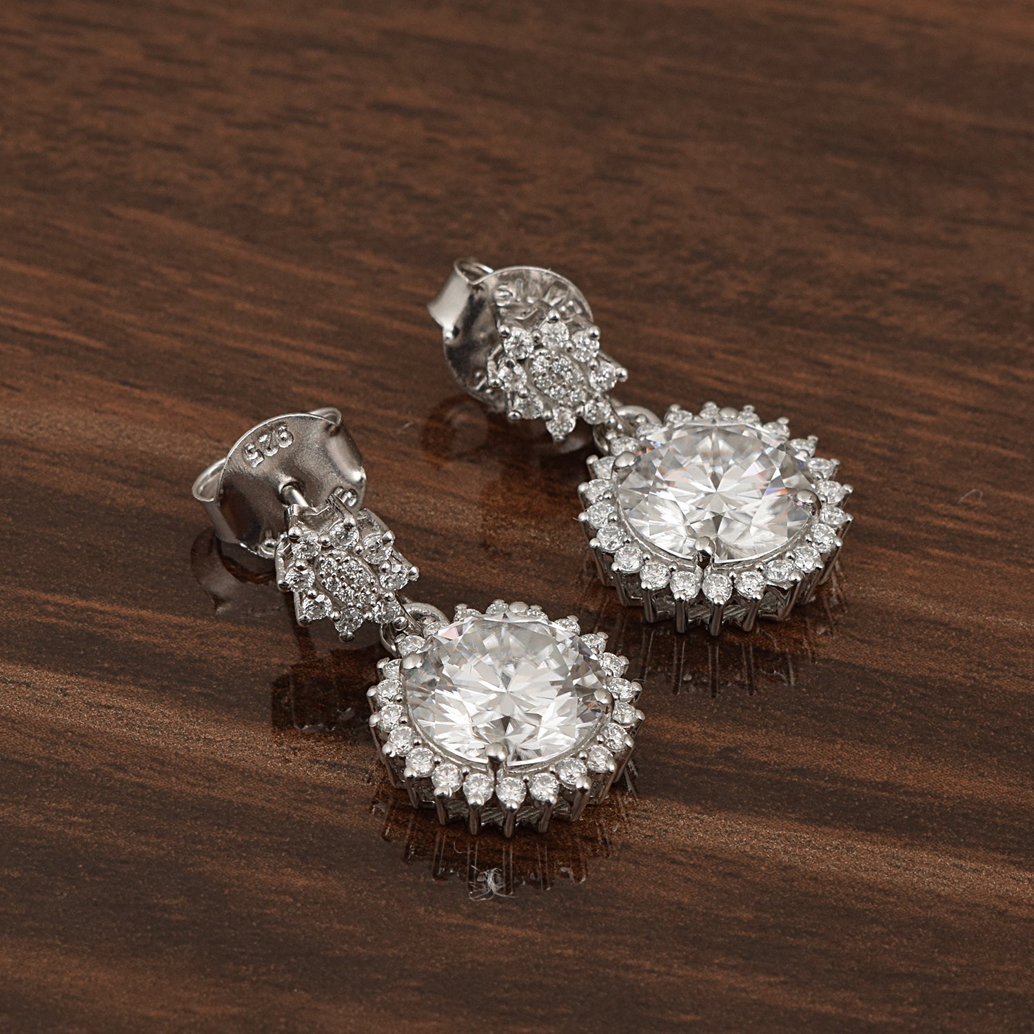 Moissanite Starburst Halo Design Drop Earrings – Sterling Silver