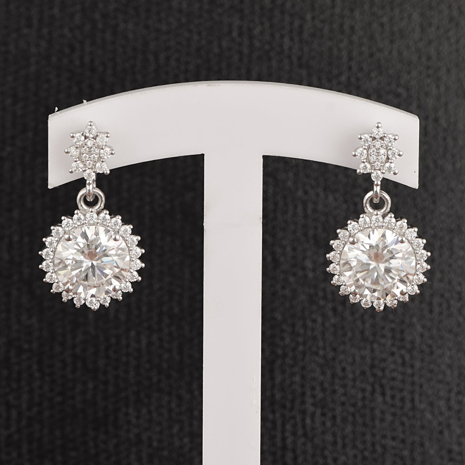 Moissanite Starburst Halo Design Drop Earrings – Sterling Silver