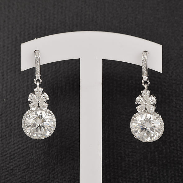 Round Moissanite 925 Sterling Silver Flower Design Halo Woman Dangle Earrings