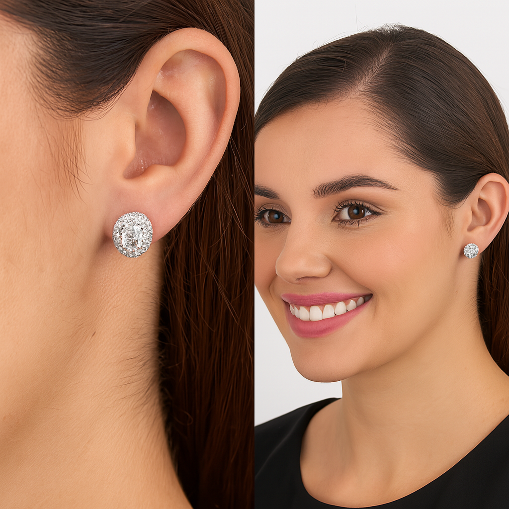 Orecchini a bottone con doppio alone ovale in moissanite – Argento Sterling