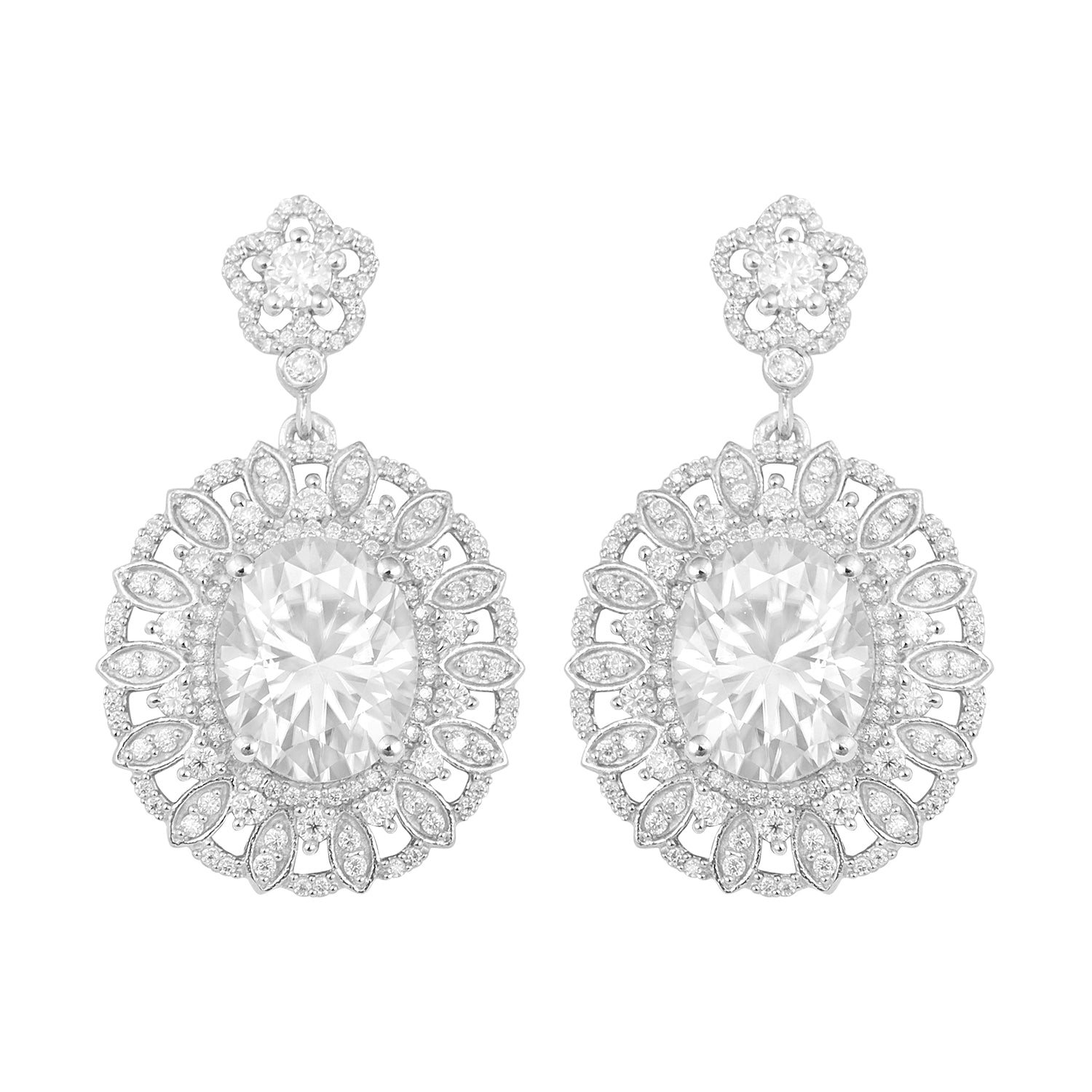 Orecchini pendenti con alone floreale in moissanite - Argento Sterling