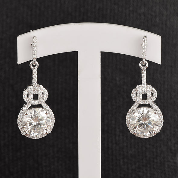 Beautiful Design Round Moissanite 925 Sterling Silver Halo Dangle Bridal Earring