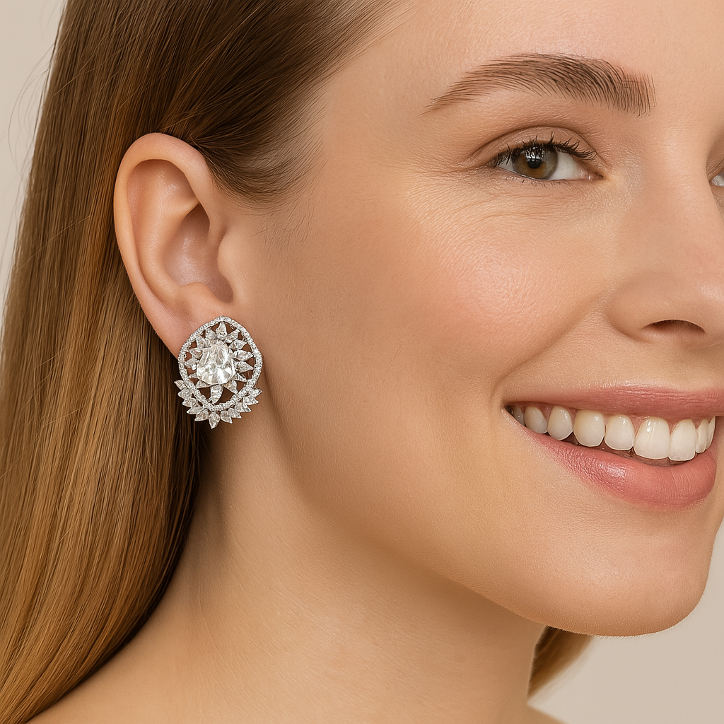 Moissanite Sparkling Floral Trillion Stud Earrings - Sterling Silver