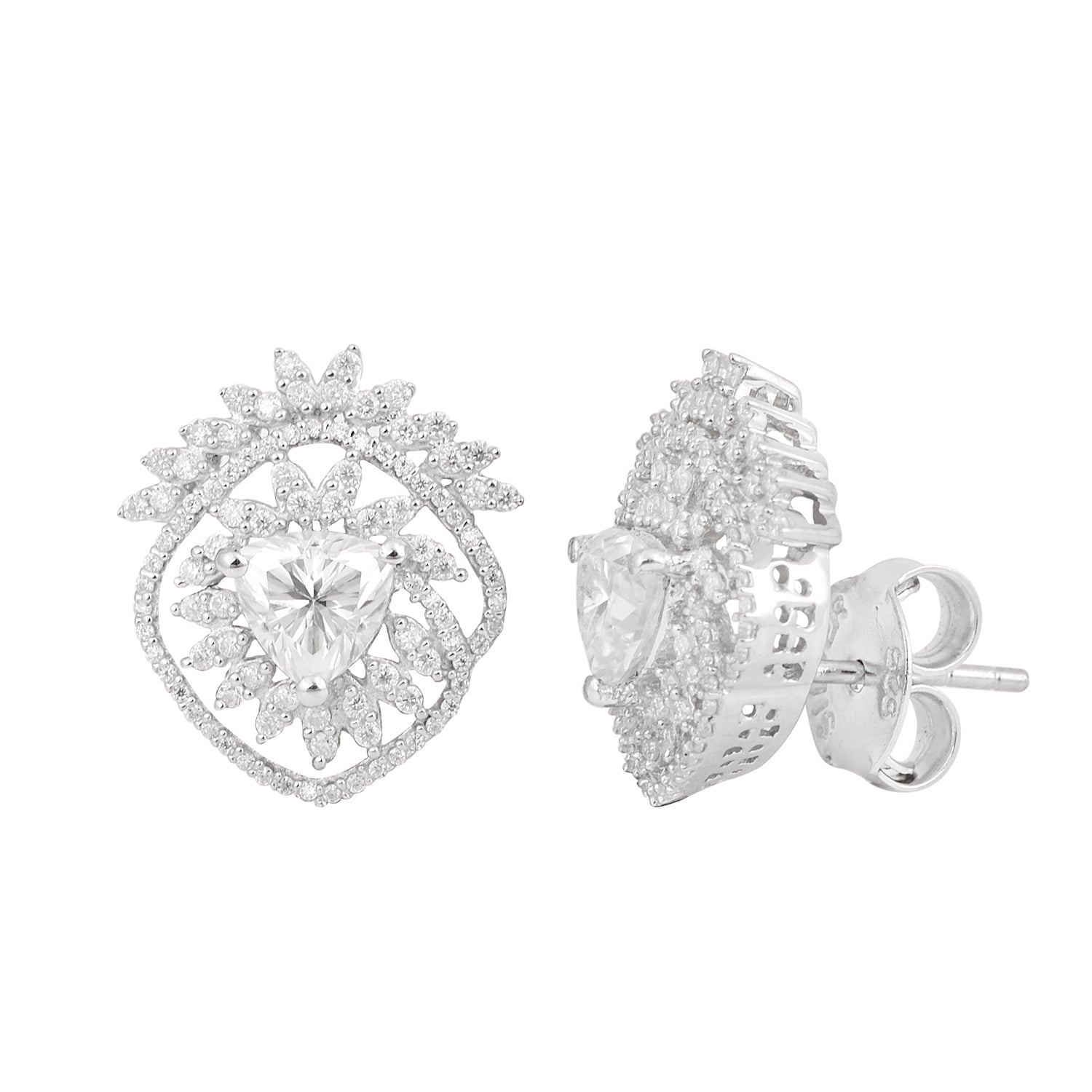 Moissanite Sparkling Floral Trillion Stud Earrings - Sterling Silver