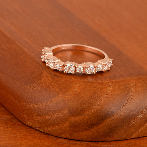 925 Sterling Silver Rose Plated Round Shape Moissanite Half Eternity Women Ring