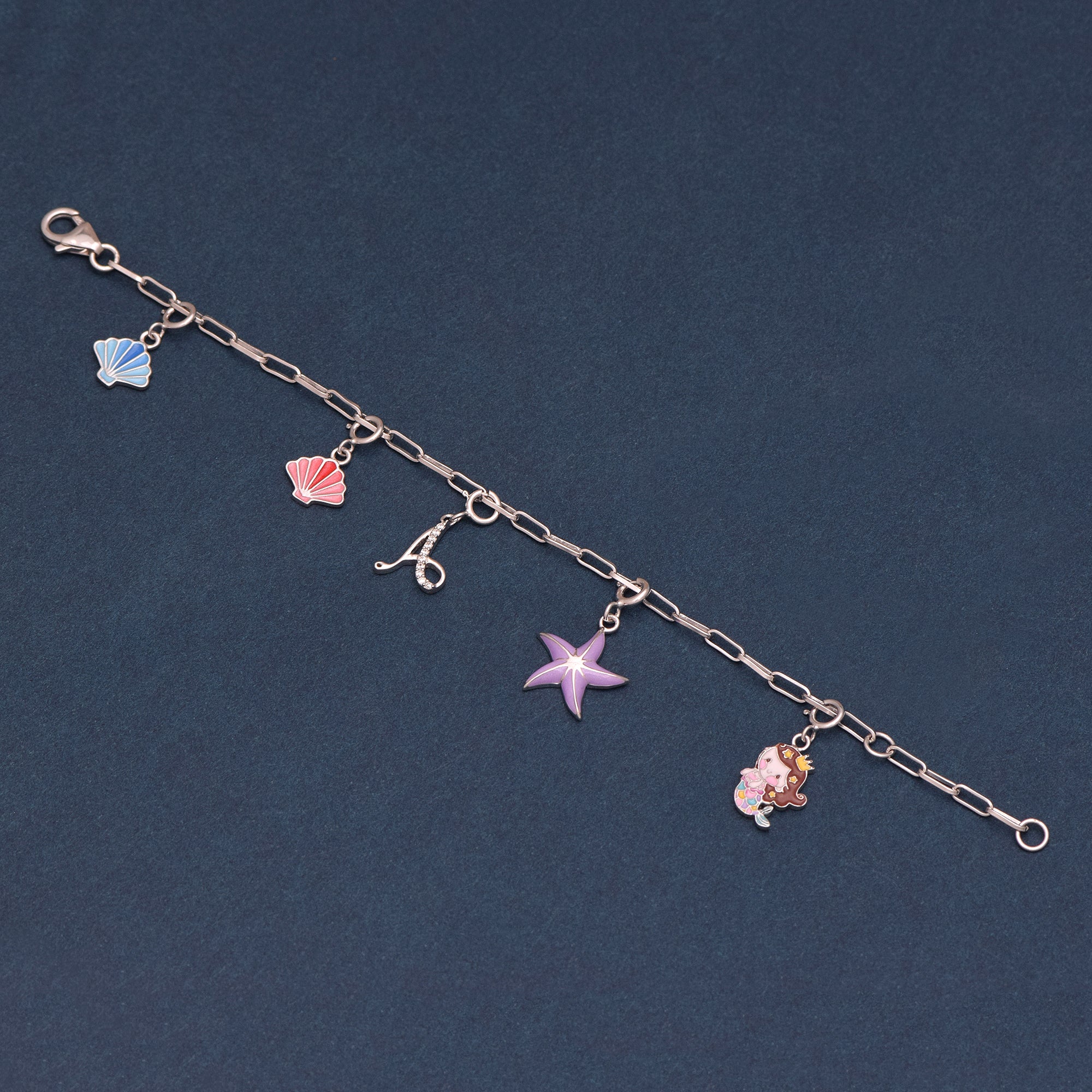 Mermaid Charm Bracelet with Initial "A" – Sterling Silver for Kids