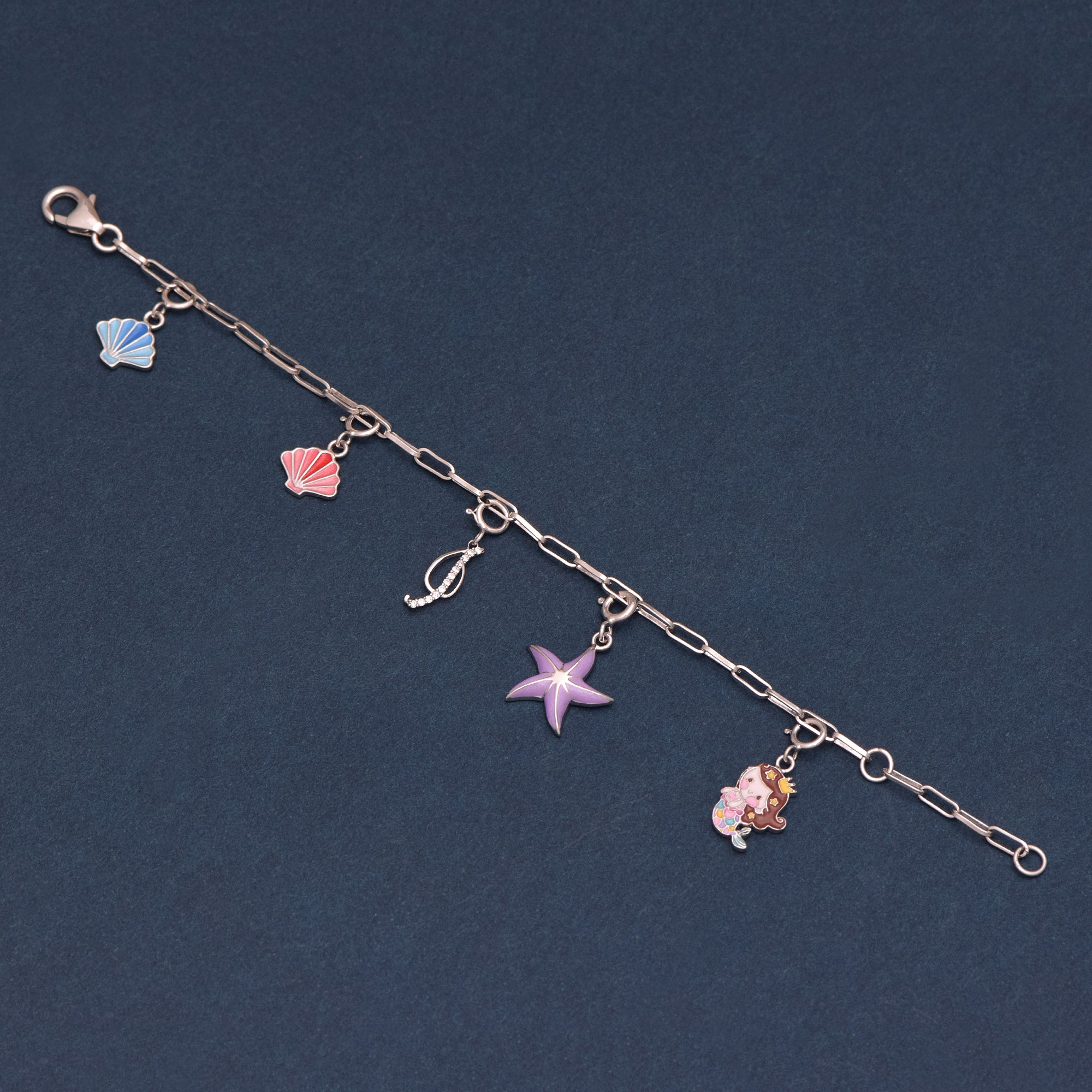 Mermaid Charm Bracelet with Initial "J" – 925 Sterling Silver for Kids