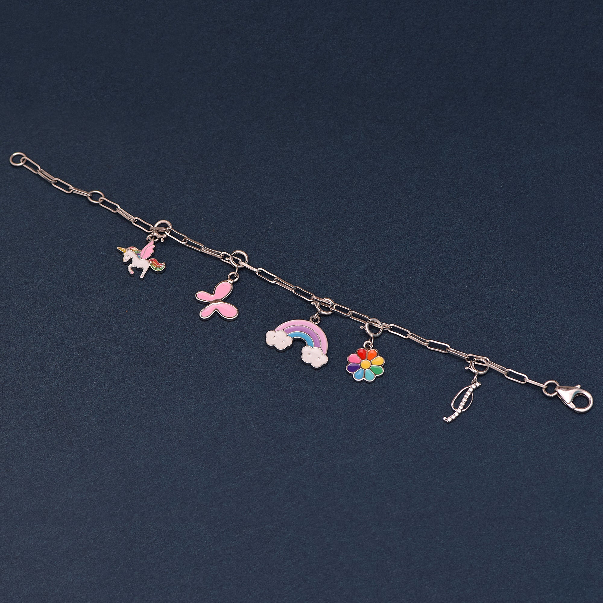 Unicorn & Rainbow Charm Bracelet with Initial "J" – Sterling Silver for Kids