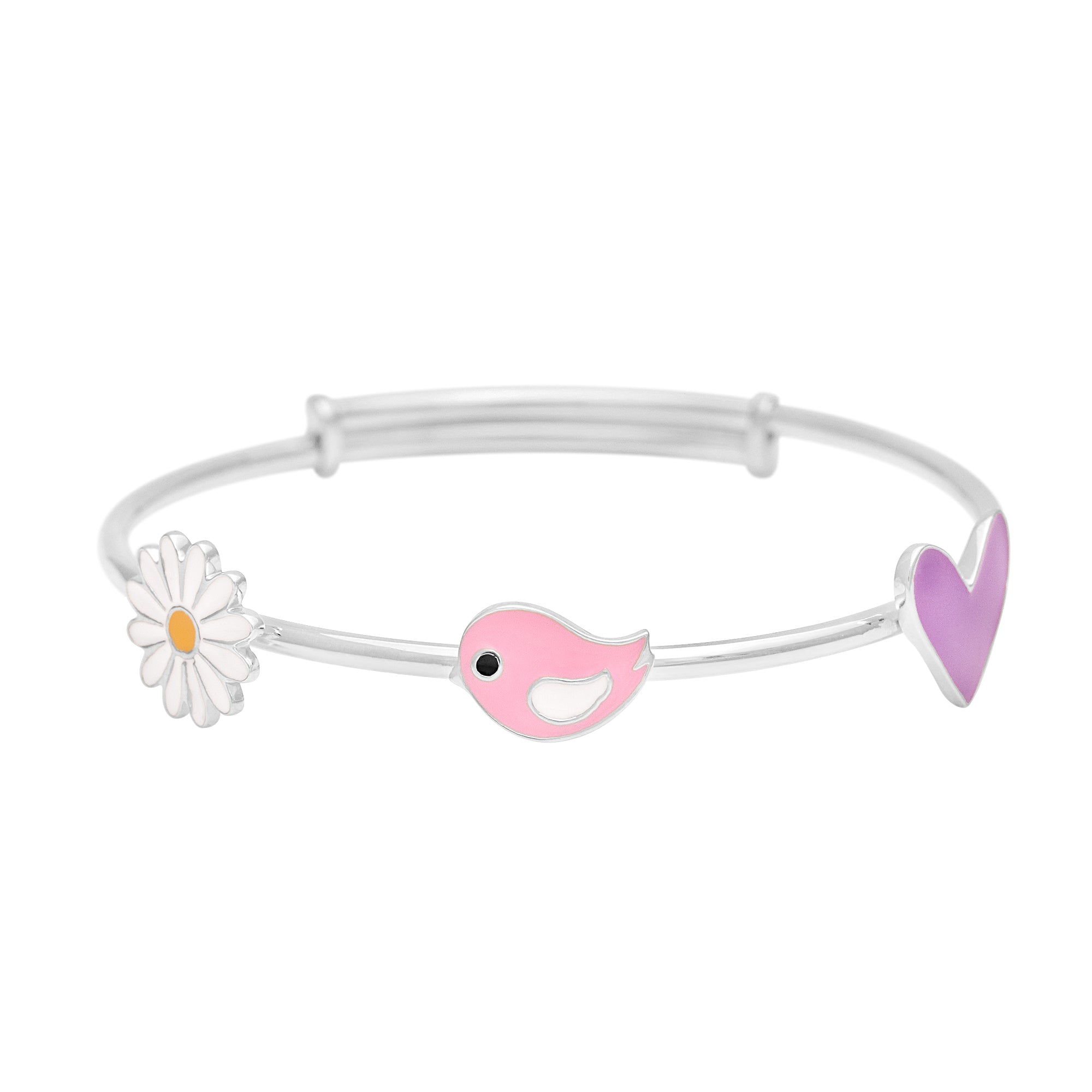 Daisy, Bird & Heart Design Charm Bangle – Sterling Silver