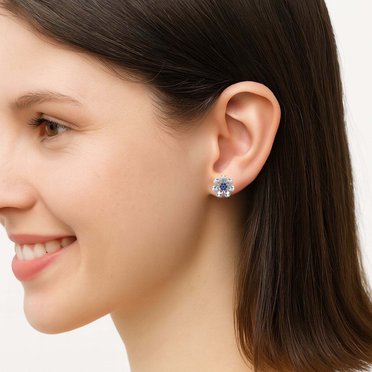 Blue Sapphire Floral Stud Earrings - Sterling Silver