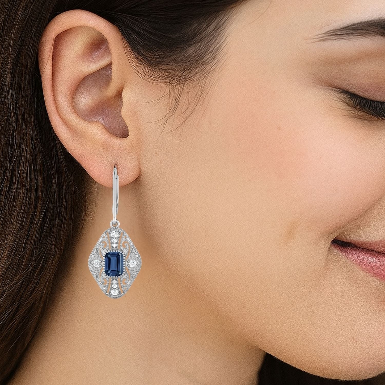 Blue Sapphire Filigree Dangle Earrings