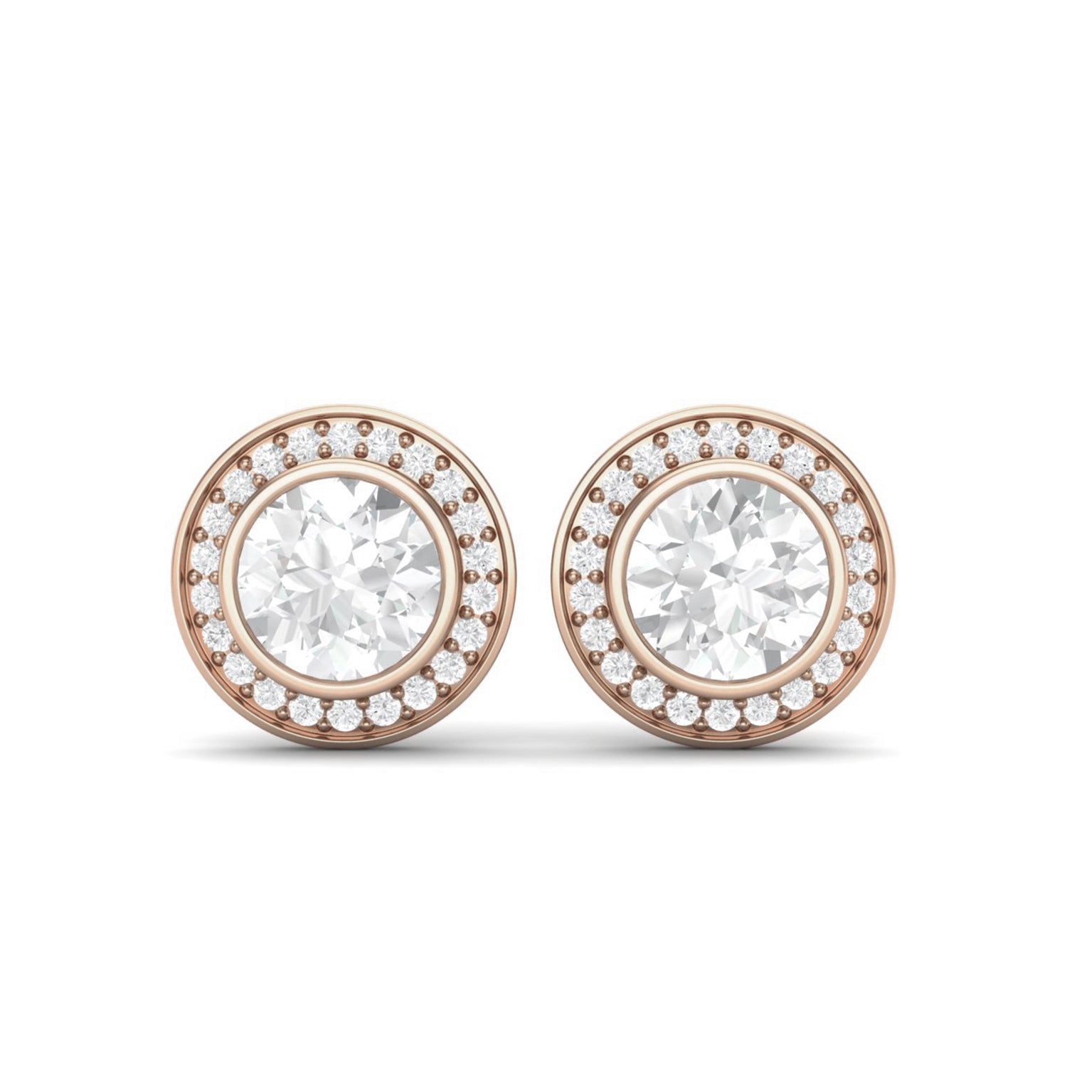 Moissanite Halo Bezel Stud Design Earrings – Sterling Silver