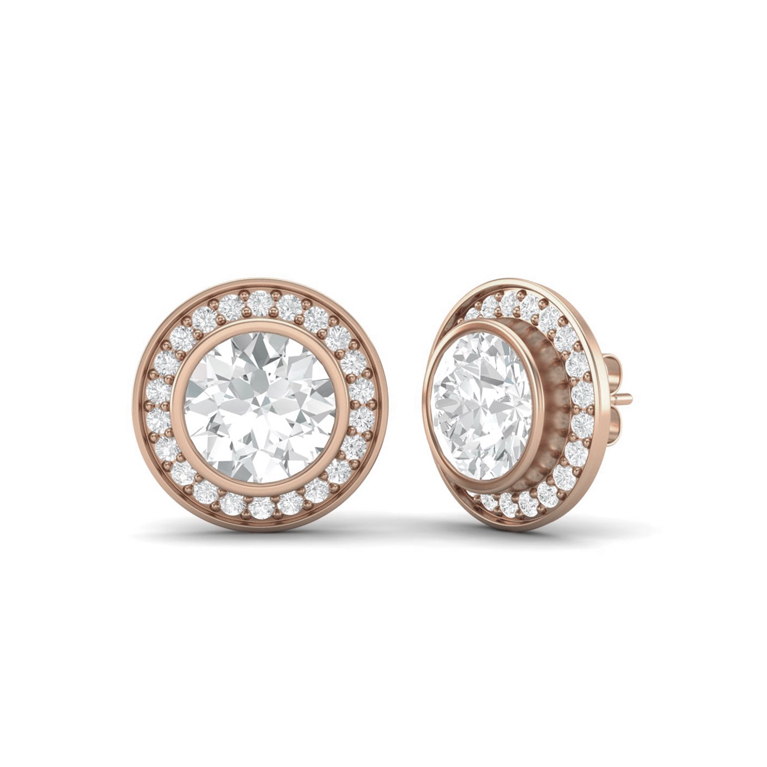 Moissanite Halo Bezel Stud Design Earrings – Sterling Silver
