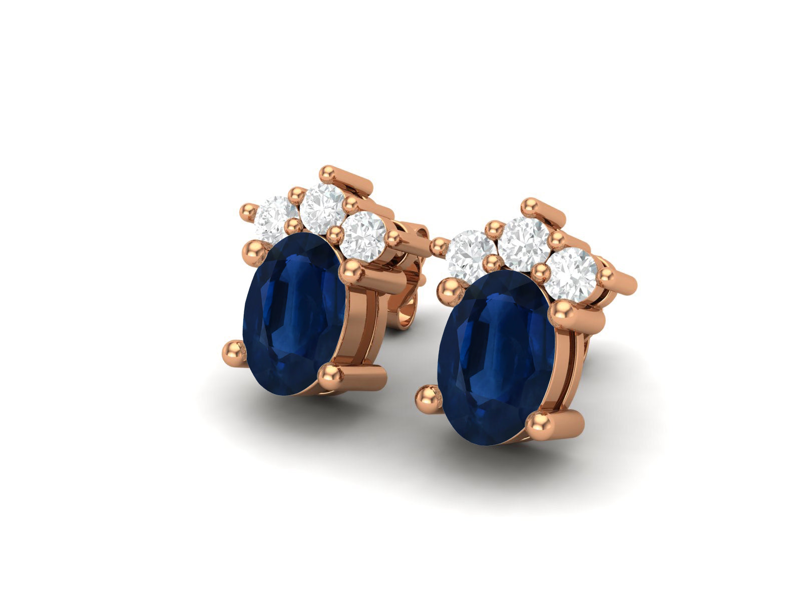 Blue Sapphire Oval Cluster Stud Earrings - Sterling Silver