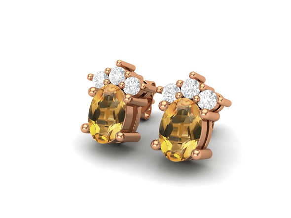 925 Silver Solitaire Studs Earrings, 6x4mm Oval Citrine, Friction Back