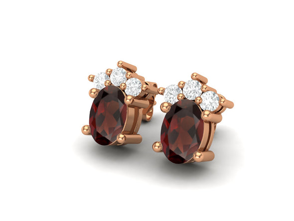 925 Silver Solitaire Studs Earrings, 6x4mm Oval Garnet, Friction Back