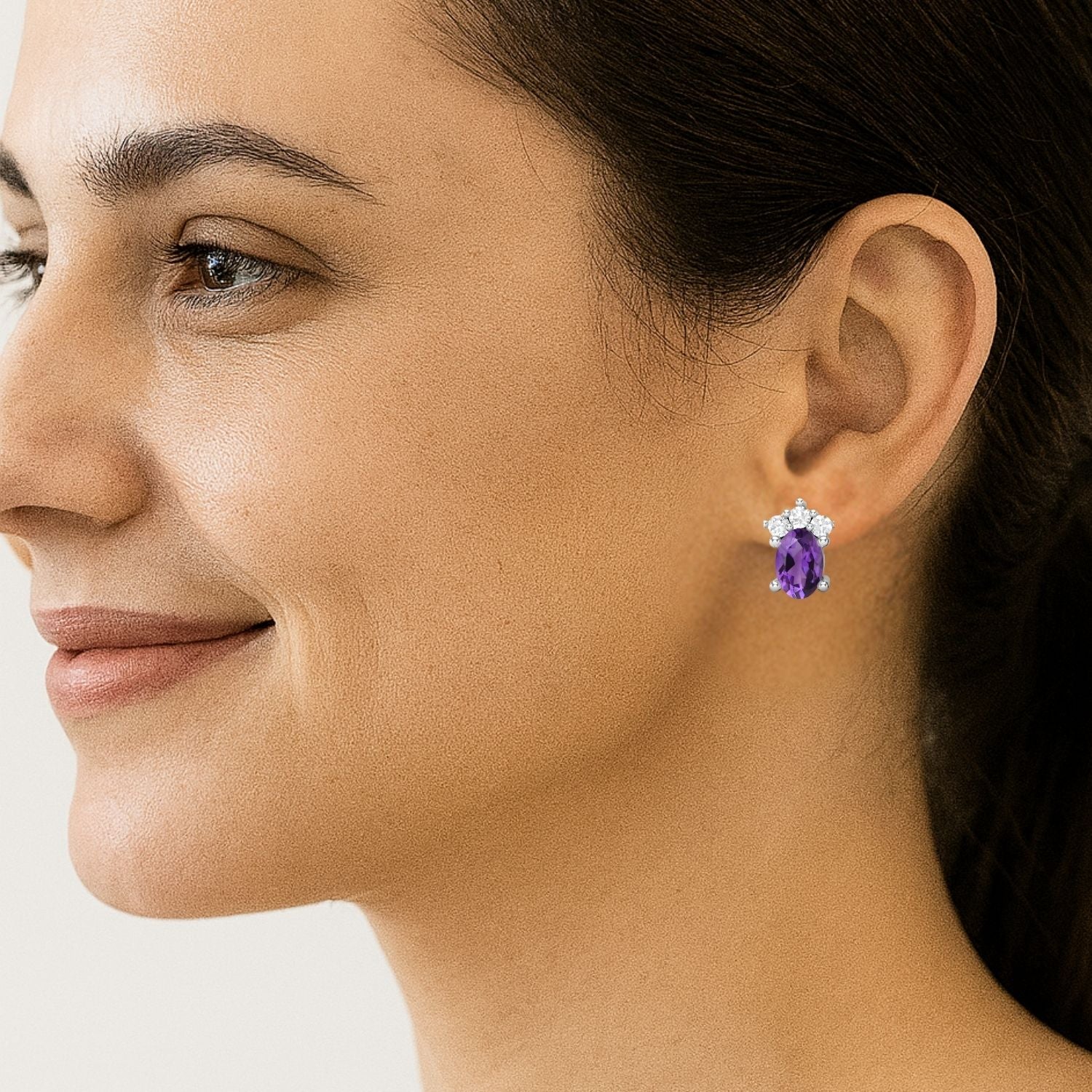 Amethyst Oval Cluster Stud Earrings - Sterling Silver