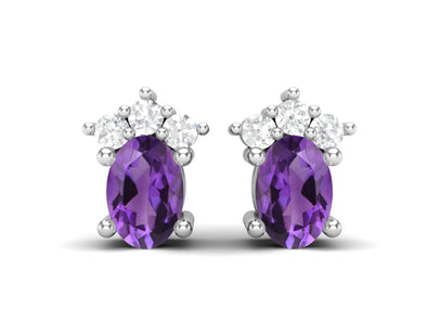 925 Silver Solitaire Studs Earrings, 6x4mm Oval Purple Amethyst, Friction Back