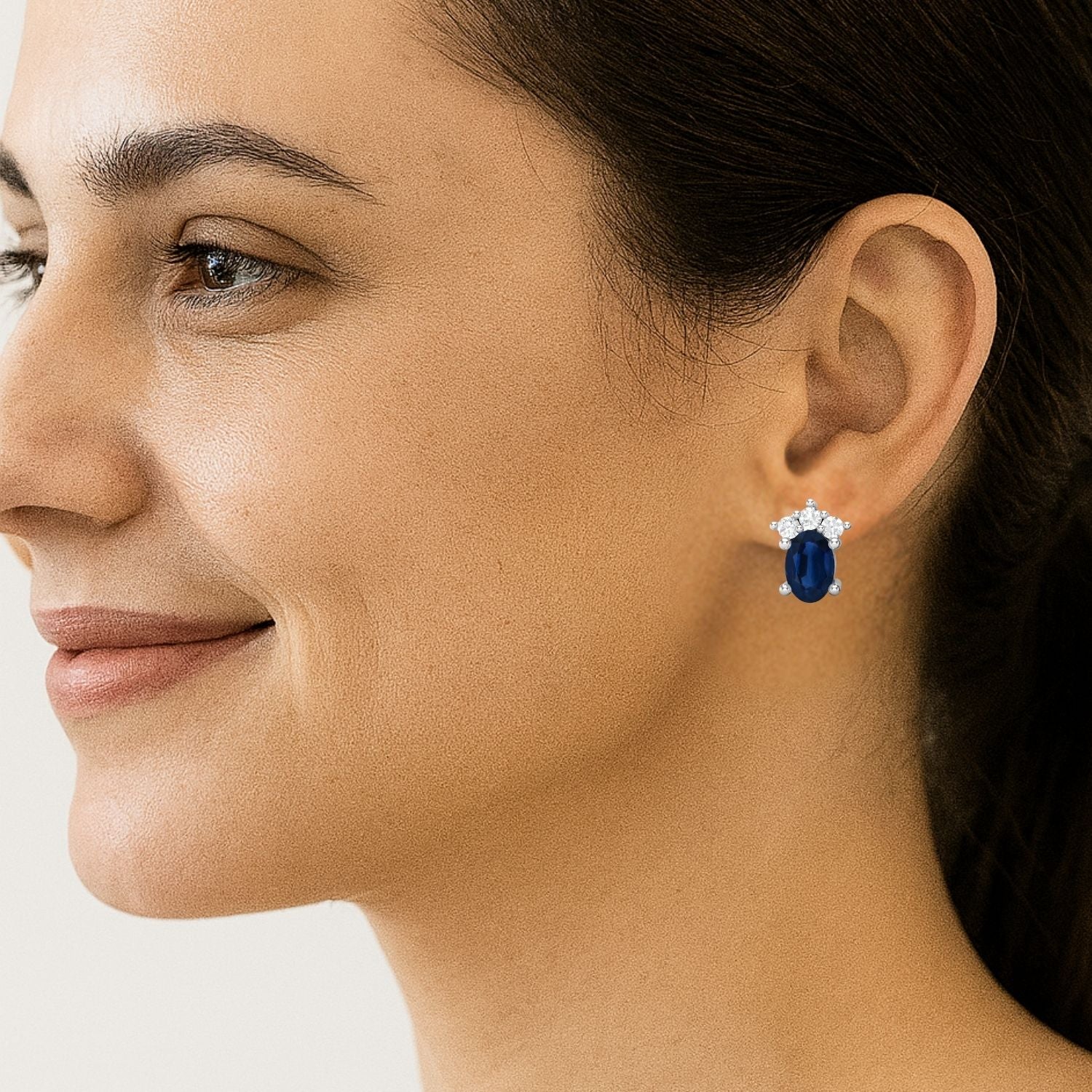 Blue Sapphire Oval Cluster Stud Earrings - Sterling Silver