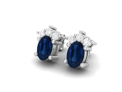 925 Silver Solitaire Studs Earrings, 6x4mm Oval Blue sapphire, Friction Back