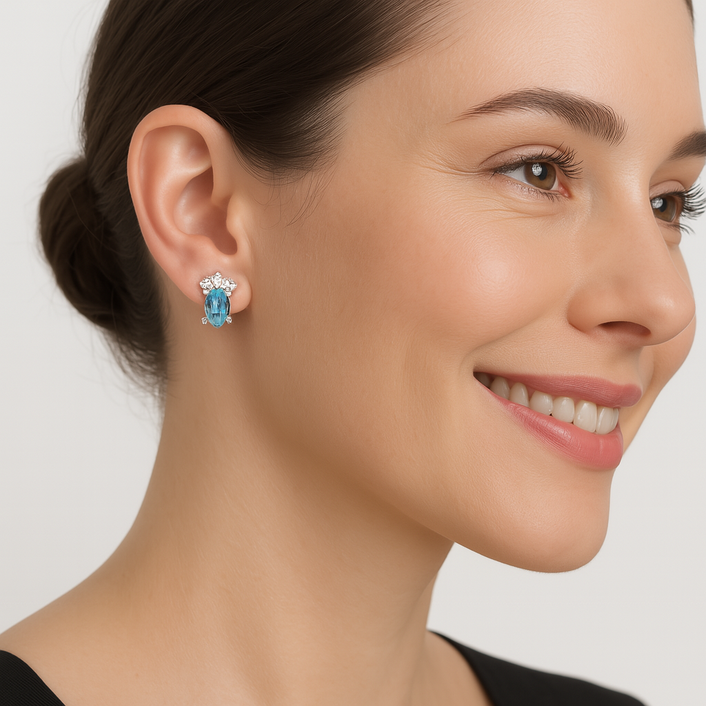 Blue Topaz Oval Cluster Stud Earrings - Sterling Silver