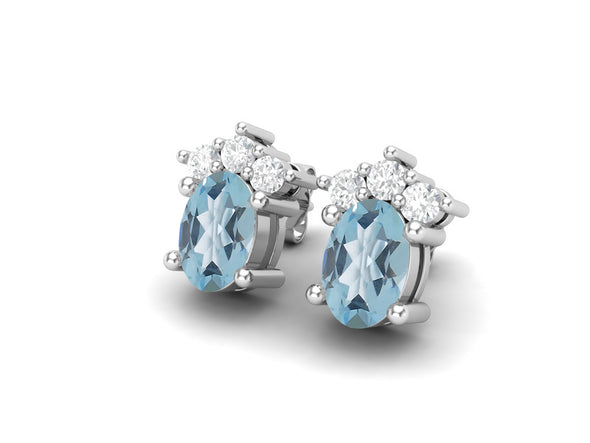 925 Silver Solitaire Studs Earrings, 6x4mm Oval Blue Topaz, Friction Back