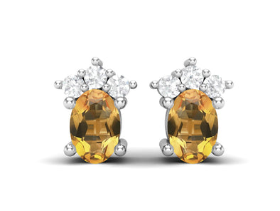 925 Silver Solitaire Studs Earrings, 6x4mm Oval Citrine, Friction Back