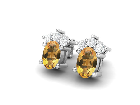 925 Silver Solitaire Studs Earrings, 6x4mm Oval Citrine, Friction Back