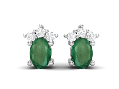 925 Silver Solitaire Studs Earrings, 6x4mm Oval Emerald, Friction Back
