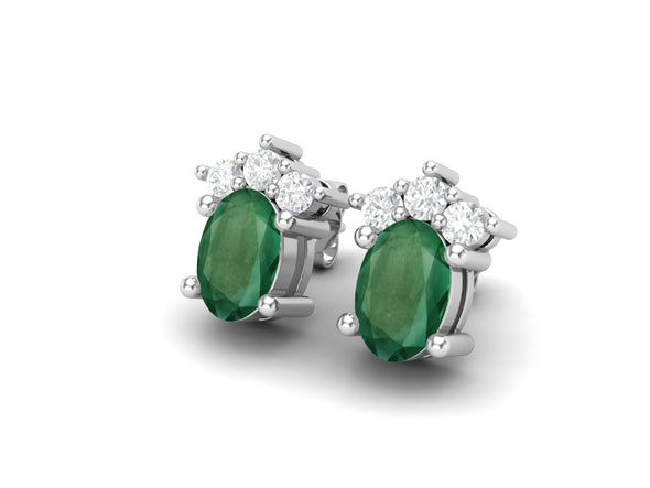 925 Silver Solitaire Studs Earrings, 6x4mm Oval Emerald, Friction Back