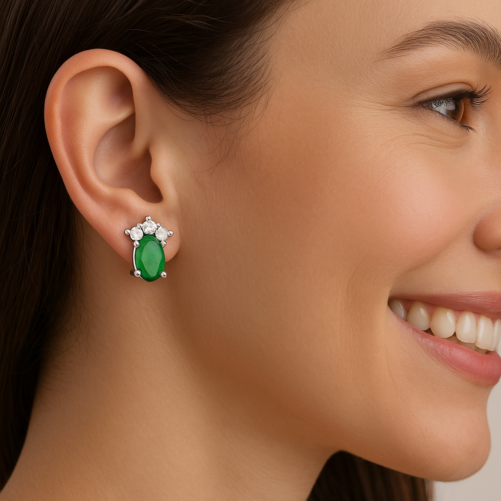 Emerald Oval Cluster Stud Earrings - Sterling Silver