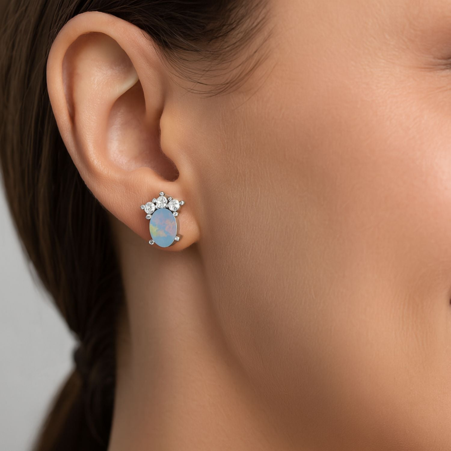 Opal Oval Cluster Stud Earrings - Sterling Silver