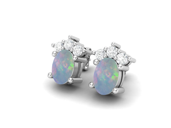 925 Silver Solitaire Studs Earrings, 6x4mm Oval Opal, Friction Back