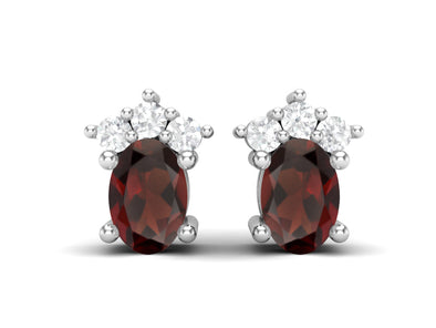 925 Silver Solitaire Studs Earrings, 6x4mm Oval Garnet, Friction Back