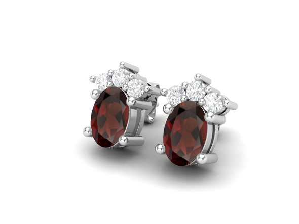 925 Silver Solitaire Studs Earrings, 6x4mm Oval Garnet, Friction Back