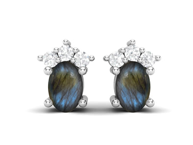 925 Silver Solitaire Studs Earrings, 6x4mm Oval, Labradorite Friction Back