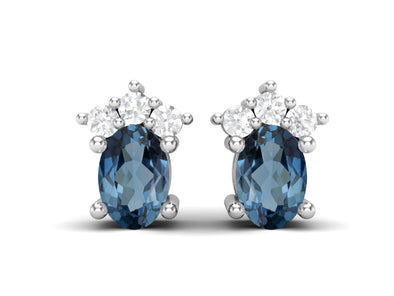 925 Silver Solitaire Studs Earrings, 6x4mm Oval, London blue topaz Friction Back