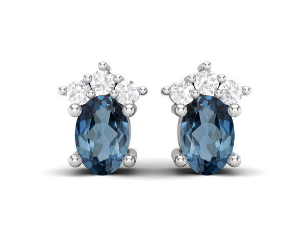 925 Silver Solitaire Studs Earrings, 6x4mm Oval, London blue topaz Friction Back