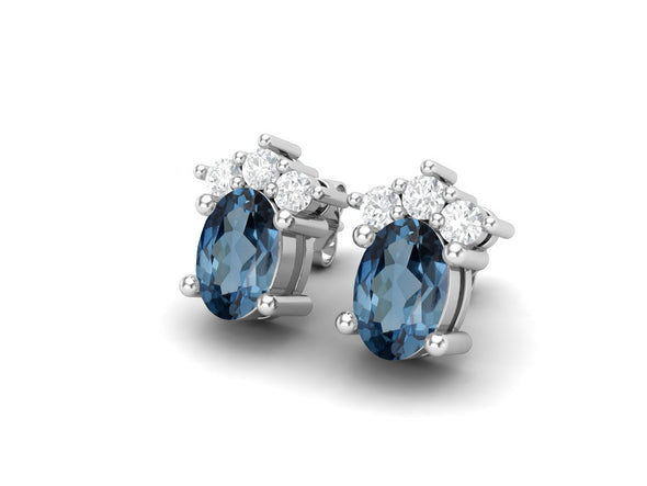 925 Silver Solitaire Studs Earrings, 6x4mm Oval, London blue topaz Friction Back